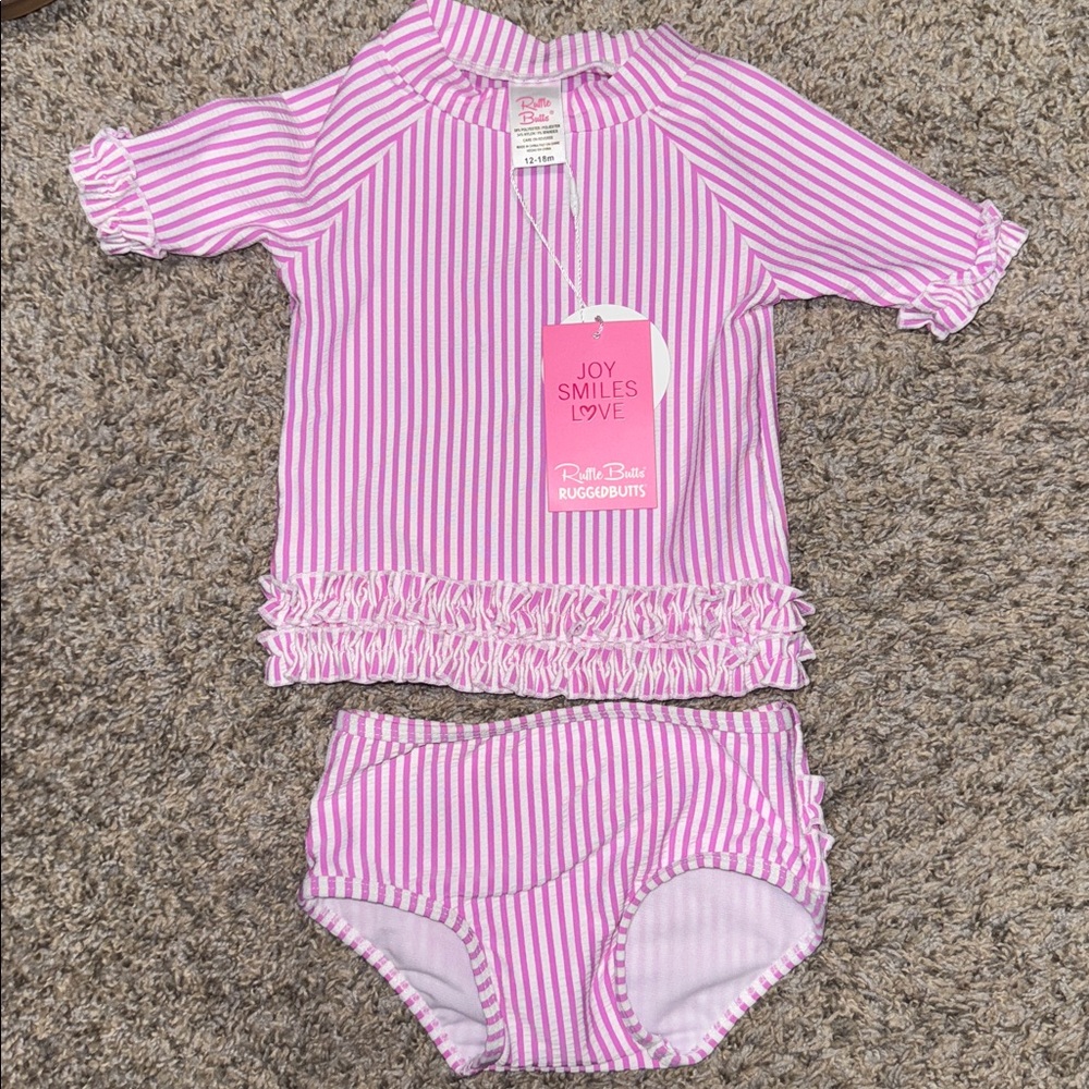 Ruffle Butts Pink and White Striped Baby Set